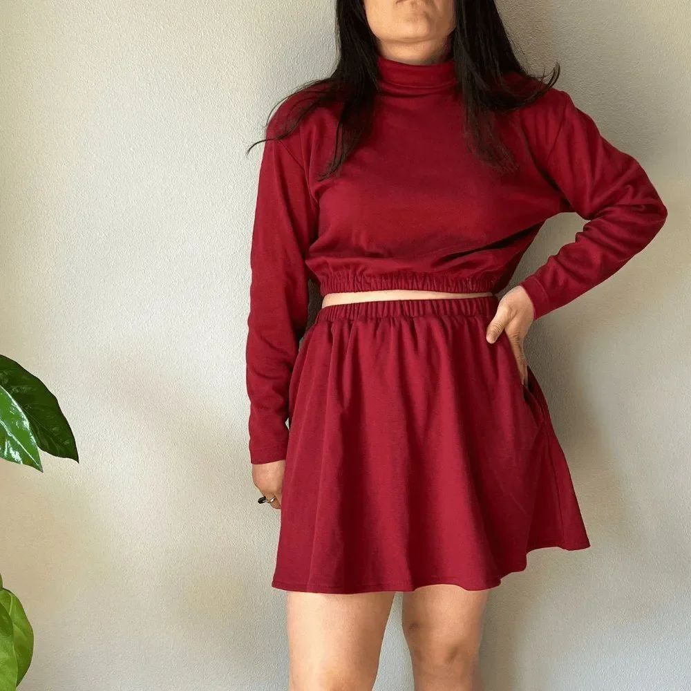 vtg 90s Lands end upcycled reowrked 2 piece skirt crop top set red‎ knit small